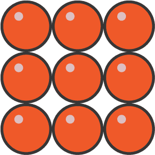Nine circles stacked in a square representing a particle model of a solid