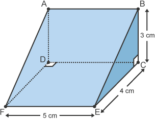 Prism triongl lle mae'r sylfaen CE yn 4cm, yr uchder BC yn 3cm, a'r ochr EF yn 5 cm