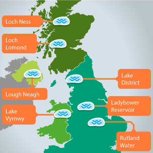 A map of the UK showing different lakes