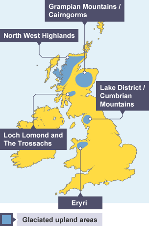 Map of glaciated upland areas in the UK