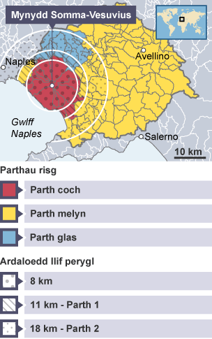 Map peryglon ar gyfer yr ardal o amgylch Mynydd Vesuvius yn yr Eidal