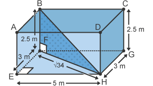 A room the shape of a cuboid with an internal right-angled triangle BFH shaded dark blue. Side BF equals 2.5 m, side FH equals root 34, the hypotenuse, BH, is unknown