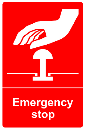 Emergency stop sign - red with white hand pressing a large button