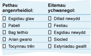 Rhestr wirio ar gyfer gwersylla mewn gŵyl ag eitemau 'hanfodol' ac eitemau ychwanegol