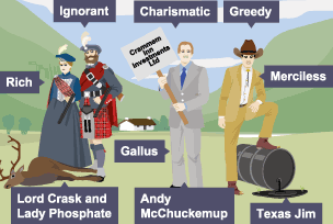 Lord Crask and Lady Phosphate, Andy McChuckemup and Texas Jim in a Scottish Highland scene.  Crask and Phosphate are ignorant and rich. Andy is charismatic and gallus. Jim is Greedy and merciless.