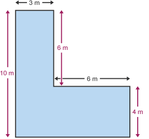 Siâp L ag ochrau 10 m, 3 m, 6 m, 6 m, a 4 m