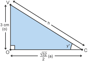 A right-angled triangle with points VCO. VO labelled o measures 3 cm, OC labelled a measures 32 squared over 2. VC is labelled h.