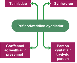 Siart corryn i gynrychioli prif nodweddion dyddiadur.