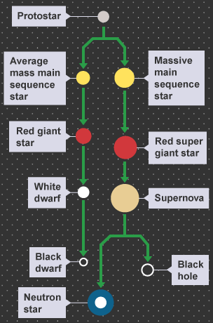 A diagram showing the life cycle of a star. A Protostar can become either a Black dwarf or Supernova. If it becomes a Supernova it can then develop into either a Black hole or a Neutron star.