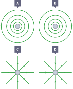 Four images showing the magentic field. A - a circular field anti-clockwise, B - a circular field clockwise, C - field lines pointing away, D - line pointing towards itself.