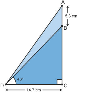 A right-angled triangle ACD. On side AC there is a point B 5.3 cm from point A. Point B is connected to point D. Side CD equals 14.7 cm. The angle BDC equals 46 degrees