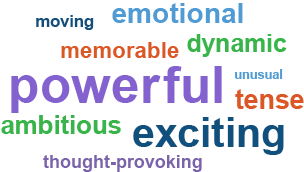 Word cloud displaying the terms: powerful / exciting / emotional / ambitious / dynamic / tense / memorable / moving / thought-provoking / unusual