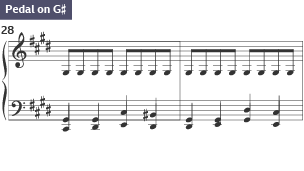 A G sharp pedal pitched below middle C in the left hand of the piano part.