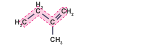 Structural formula of 3-methylbut-2-ene, with the longest chain of Carbons highlighted.