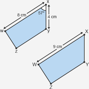 Two similar shapes, one 8cm x 4cm with an x angle of 57°, the other with a height of 9cm