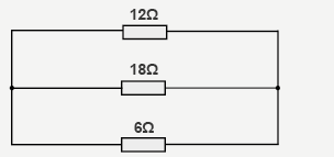 Resistor network - there are 3 resistors in parallel to each other, measuring 12 Ohms, 18 Ohms, and 6 Ohms