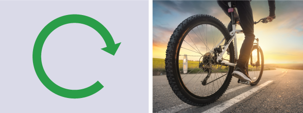 A circular arrow demonstrating rotary motion sat alongside a photograph of wheels on a bike.