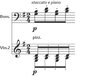 An excerpt of music fro the double bass, cellos and violins with staccato markings.