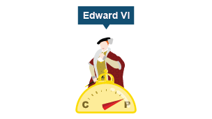 An illustration of Edward VI. A compass shows an arrow pointing to P for Protestant