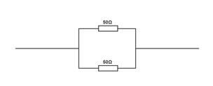 Calculate the resistance of the two resistors in parallel - they are 50 ohms each