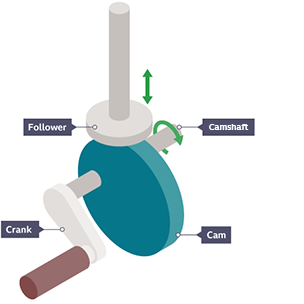 A cam mechanism showing directional arrows to demonstrate a camshaft which rotates and a follower which moves up and down.