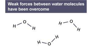 A large number of water molecules spread apart as the weak bonds between them have been overcome.