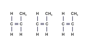 Three propene molecules are arranged so that the carbon to carbon double bonds in each of them are in horizontal alignment.