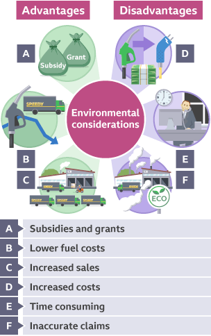 Advantages of considering the environment are subsidies and grants, lower fuel costs and increased sales. Disadvantages are increased costs, time consuming and inaccurate claims.