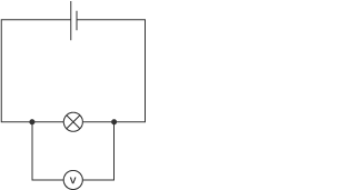 A circuit diagram made up of a cell, a lamp and a voltmeter.