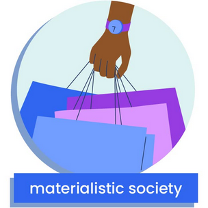 a hand holding lots of shopping bags, depicting materialist society