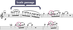 An excerpt score example with a scalic passage, appogiaturas and acciaccaturas