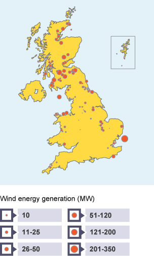 Proportional symbol map showing the UK's wind energy generation. Each dot on the map represents wind farms in an area. Its size represents the number of wind farms in relation to all other dots.