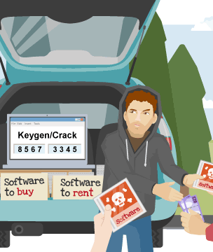 Character illegally selling and renting software from the back of a car