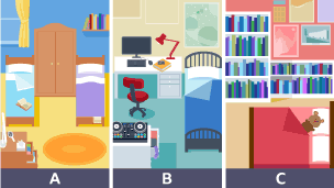 A – Two single beds, teddy bear, wardrobe, dressing table, mirror and books. B – One single bed, desk, computer, desk chair, poster and music system. C – Double bed, cat, book shelves and posters