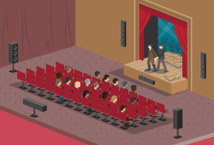 Two performers portray a war scene in a theatre where the audience are surrounded by a variety of speakers to create the effect of surround sound.