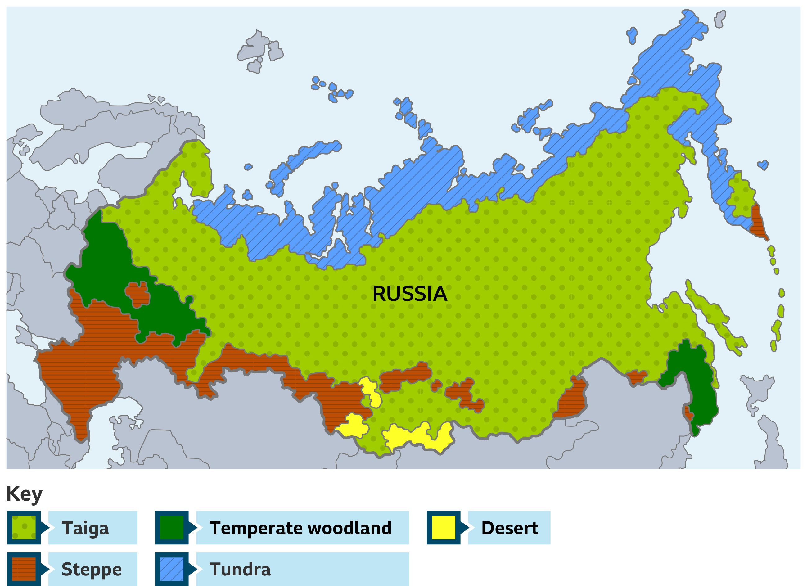 Map of Russia showing the locations of the different biomes across the country. These are taiga, steepe, desert, temperate woodland and tundra.