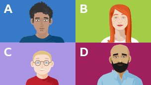 Four characters - man with dark curly hair, lady with red hair, young boy with blonde hair, man with beard.