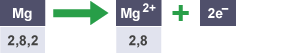 A magnesium atom with electron arrangement 2,8,2. It loses two electrons to form an ion with charge 2+ and electron arrangement 2,8.