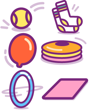 A ball, a pair of socks, a balloon, a set of three cones, a spinning hoop and a flat mat