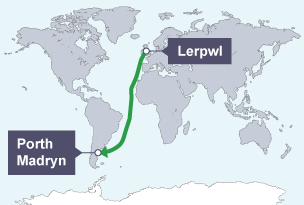 Map o'r byd yn dangos y llwybr a deithiwyd gan y Mimosa o Lerpwl i Borth Madryn.