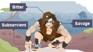 Caliban illustration - Bitter; Subservient; Savage. Caliban wearing brown, tattered clothes, crouching against the backdrop of the island.