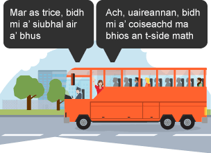 Passengers on a bus with Gaelic text relating to travel