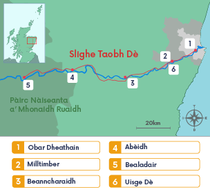 Map a' sealltainn cuid dhe na prìomh sgìrean air Slighe Taobh Dè