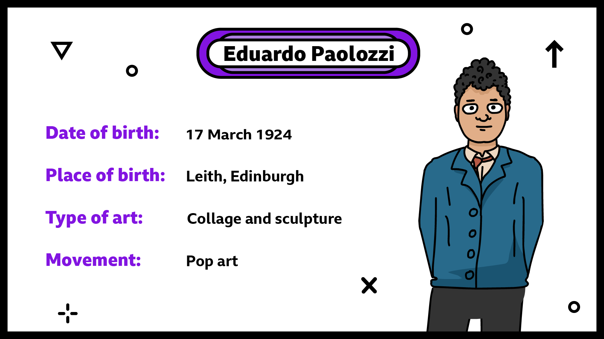 Date of birth 17 March 1924. Place of birth Leith, Edinburgh. Type of art collage and sculpture. Known for pop art.