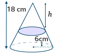 An image of a smaller cone within a cone. The height of the large cone is 18 cm. The diameter of the large cone is 6 cm. The height of the smaller cone, which dissects the larger cone to form a frustum, is h. 