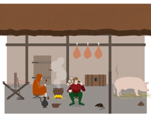 A peasant's hut with a loom, livestock, cooking on an open fire, hanging meat and rats.