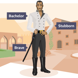 Benedick, who is wearing black tros and boots and a white jacket, stands with one hand on his hip and a sword attached to him belt in a courtyard. Labels describe him as a bachelor, stubborn and brave.