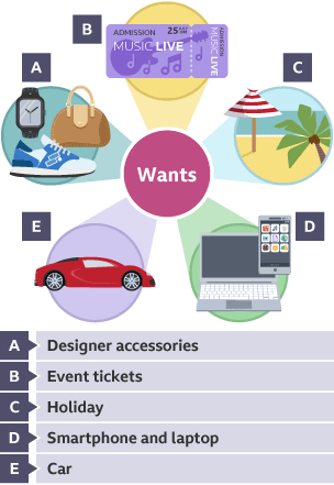 Examples of the things that people might want, designer accessories - handbags and watches, events such as music festivals, holidays, technology and luxury cars.