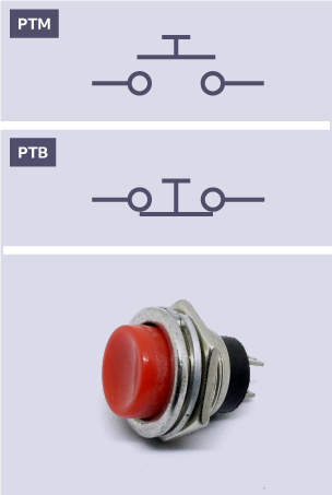 The standard switch symbols for push-to-make and push-to-break switches alongside a photograph of the switch.