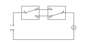 Circuit diagram for two one-way switches joined by wires